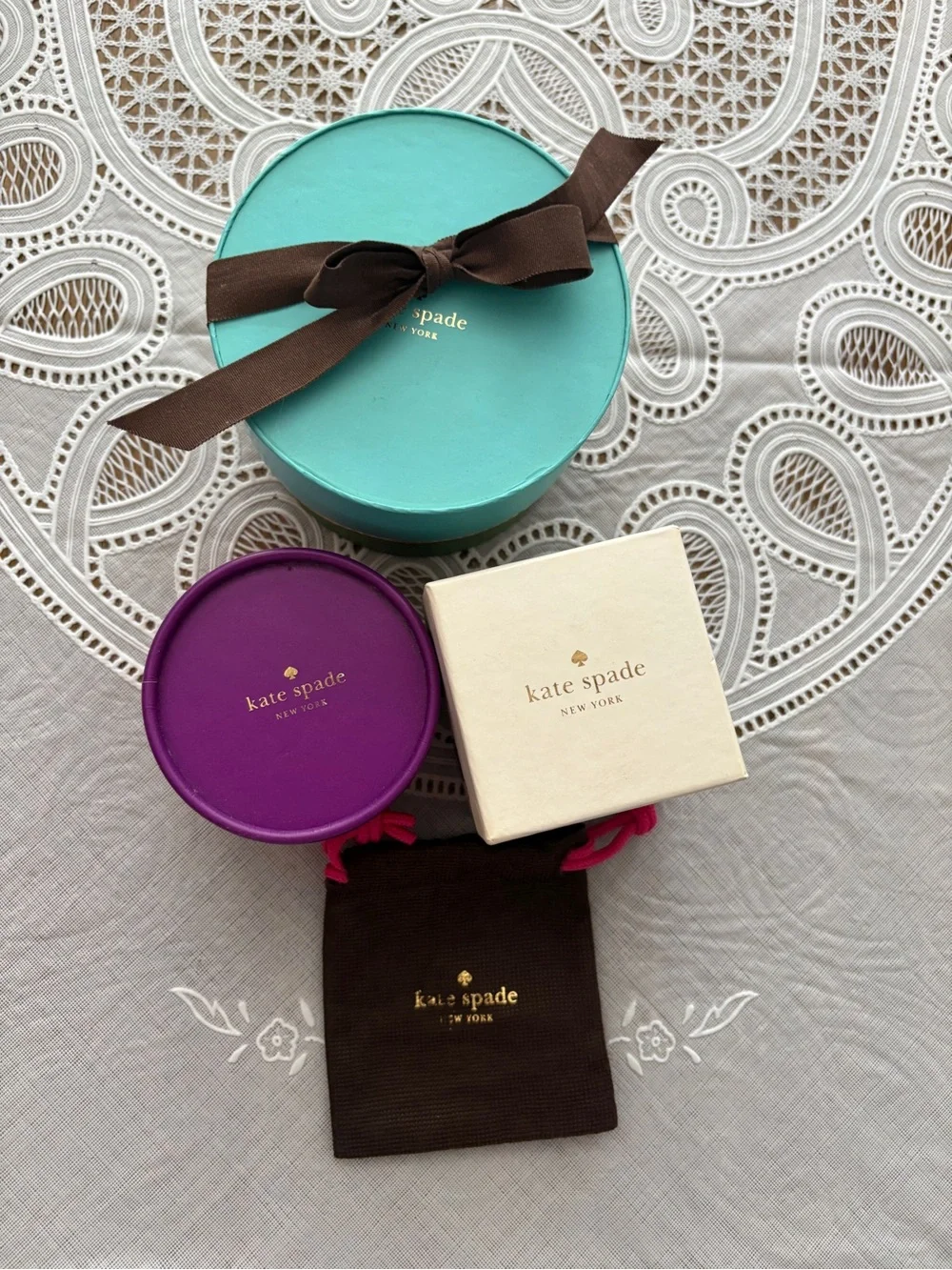 kate spade turquoise, purple, cream, brown box and pouch set